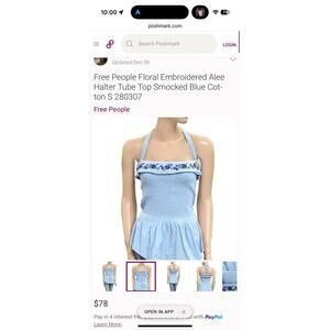 Free People Floral Embroidered Alee Halter Tube Top Smocked Blue Cotton S 280307